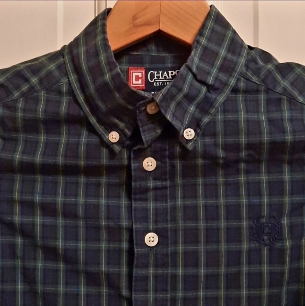 Chaps Blue Green Plaid Dress Shirt Collared Long Sleeve Button Down Boy's Size 8